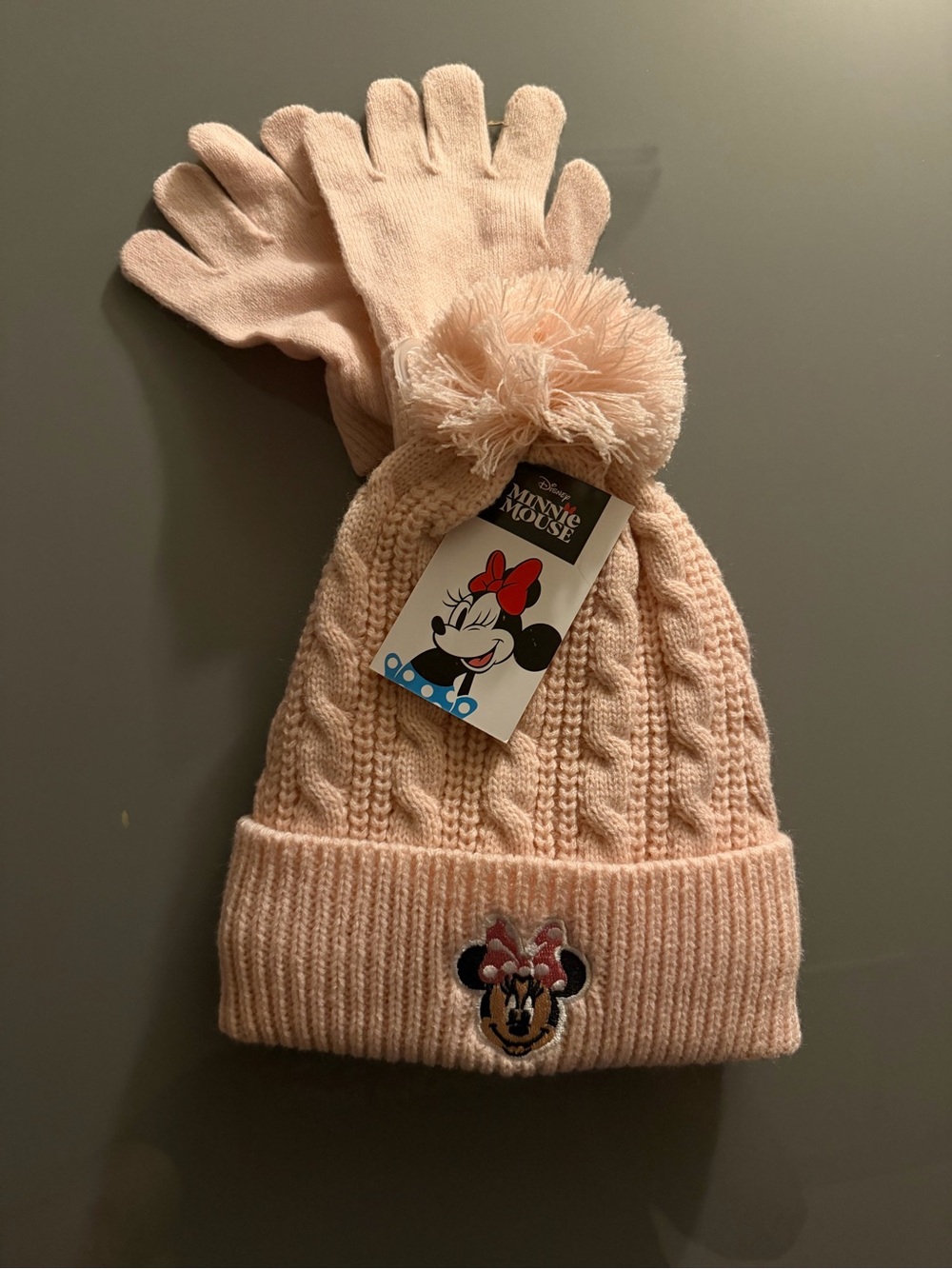 Disney Pink Minnie Mouse Cable Knit Pom Beanie with Gloves